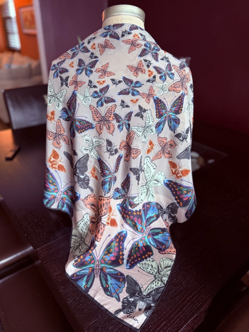 Vintage ECHO 100% Silk Square Scarf – Vibrant Butterfly Print - Picture 5 of 16